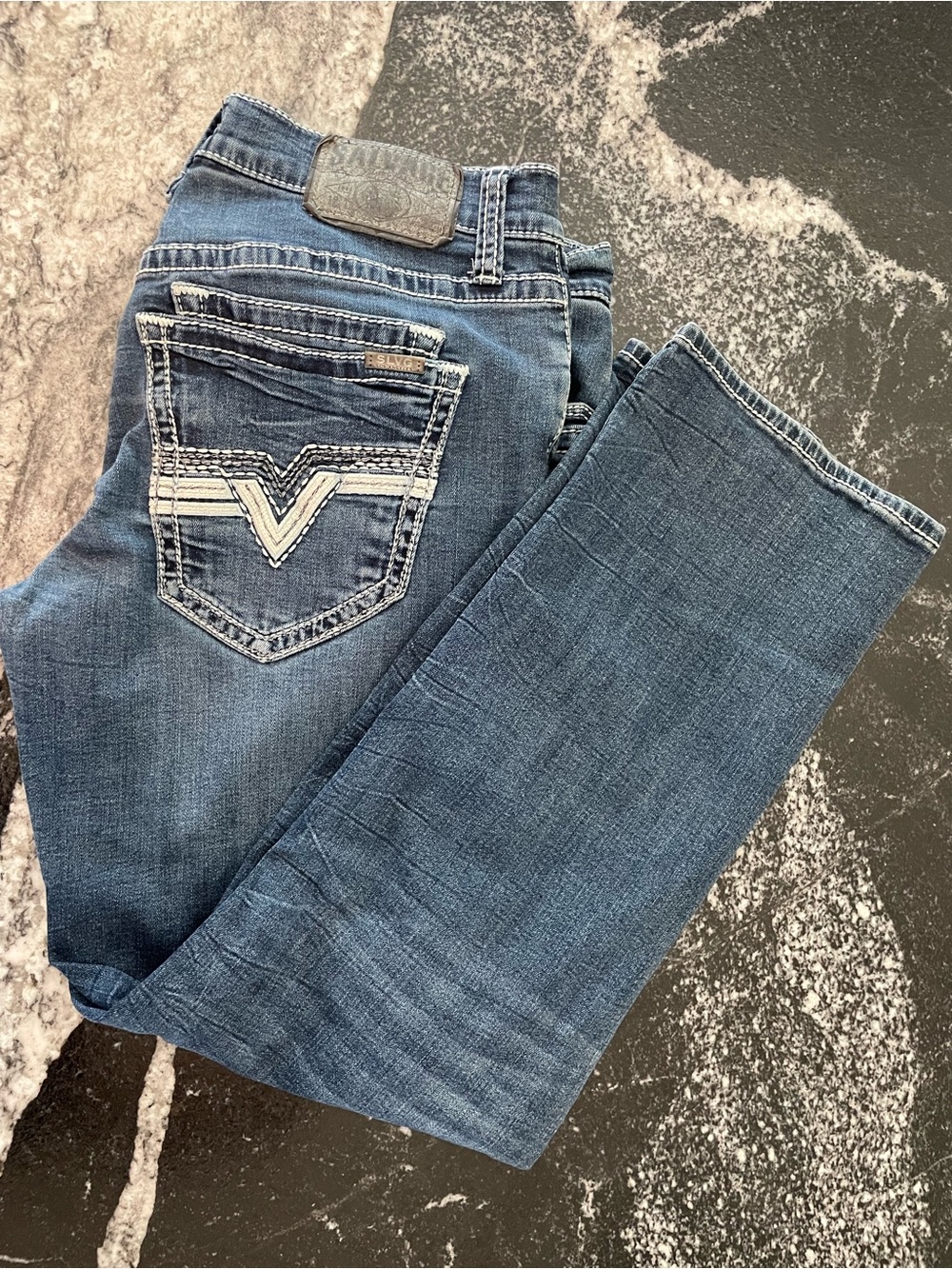 Salvage Men’s Bootcut Jeans in Denim Blue with Contrast Stitching